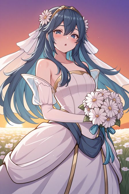 masterpiece, best quality, 1girl, solo,  <lora:felucina-illu-nvwls-v1-000005:1> brdLuc, long hair, tiara, bridal veil, hair flower, white flower, wedding dress, strapless, see-through sleeves, white sleeves, holding bouquet, looking at viewer, chestnut mouth, blush, sunset, field