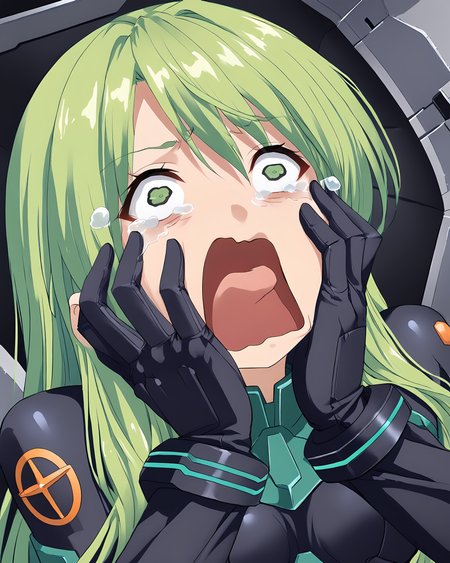 rating_safe, <lora:May_Greenfield_Armored_Core_FORPONY:1> may greenfield, green hair, long hair, bodysuit, <lora:concept_aquascreaming_ponyXL:1> aquascreaming, screaming, open mouth, crying with eyes open, hands on face, gloves, close-up shot, <lora:[SDXL] Sexual Energy Mecha Cockpit (XEZ):0.5> Sexual Energy Mecha Cockpit,