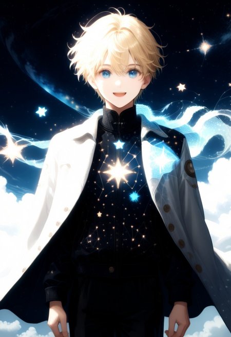 , score_9, score_8_up, score_7_up, 1boy, highly detailed, aesthetically stunning, anime-style, blonde-haired, blue-eyed, young man, short hair, bangs, smiling, open mouth, white coat, long sleeves, white baggy shorts, glowing scarf, floating, space setting, starry sky, star symbols, intricate, luminous, amazing aesthetic, intricate details