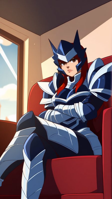 masterpiece, best quality, very aesthetic, absurdres, BREAK, 1girl, looking at viewer, cowboy shot, 
<lora:Adamantine_Erza_Illu_Dwnsty:0.8>,erz_adamantine, brown eyes, red hair, long hair, armor, helmet, full armor, gauntlets,
large breasts, lips, serious, bored, 
indoors, living room, couch, window, cloudy sky, crossed legs, sitting , on couch, crossed arms,