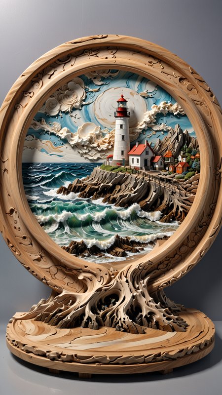 round plate on a display stand, hand Carved, 3D Seascape, abstract art, Carving, EPIC, Marbled Effect, <lora:3D_Framed_Wall_Art_-_By_DICE:0.4>, (3D Framed, Lighthouse), UHD, <lora:Driftwood_Detailed_Art_-_By_DICE:0.8> , driftwood Lighthouse, 3D