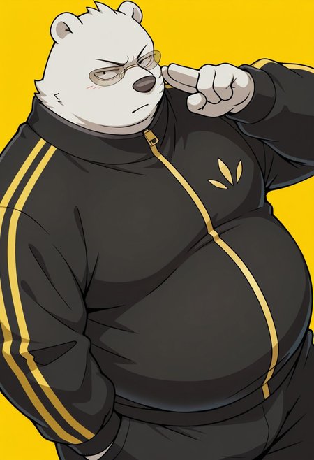 S3k1, detail background, mustard, yellow background, abstract background, shadow view, 1boy, solo, anthro polar bear, male, fat, big belly, overweight, chubby,  thin eyebrows, cheek scar, white fur, black eyes, round ears, fluffy short tail, round tail, furry, black tracksuit, black zip-up jacket, yellow stripes, yellow zipper, matching pants, dark sweatpants, yellow accent lines, baggy pants, oval glasses, transparent glasses, gray-tinted glasses, looking at viewer, high angle, serious, hand close-up, side view, perfect View, upper body, two-finger salute