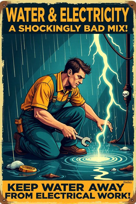 "Vintage safety poster cartoon depicting a worker foolishly attempting to repair electrical wiring while knee-deep in a puddle of water, rain pouring down around him and lightning flashing dramatically in the background. He's holding a wrench and screwdriver, with exposed, sparking wires dangerously close to the water.  His hair is standing on end, and a comical skull and crossbones appears momentarily above his head as electricity crackles around him.  The sign text in vintage font screams: 'WATER & ELECTRICITY: A SHOCKINGLY BAD MIX!  KEEP WATER AWAY FROM ELECTRICAL WORK!'  Render in a high-contrast, vintage cartoon style, using dramatic shadows and bright flashes of electricity to emphasize the danger.  Utilize a palette of electric blue, warning yellow, and stark black to create visual impact.  Visually stunning vintage cartoon, impactful safety message, high detail in rain effects, electrical sparks, and the worker's foolish actions." <lora:REMEs_War_Poster_Style:0.9> In REME's War Poster Style,âââ