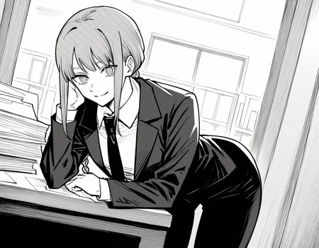 score_9, score_8_up, score_7_up, source_anime,
makima, <lora:chainsawman-makima-manga-ponyxl-lora-nochekaiser:1>,
makima, long hair, smile, bangs, braid, braided ponytail, ringed eyes, monochrome, greyscale,
shirt, long sleeves, jacket, white shirt, necktie, collared shirt, pants, black jacket, black pants, formal, suit, black necktie, shirt tucked in, office lady,
indoors, office, smile, bent over,
looking at viewer, cowboy shot, dutch angle, solo,