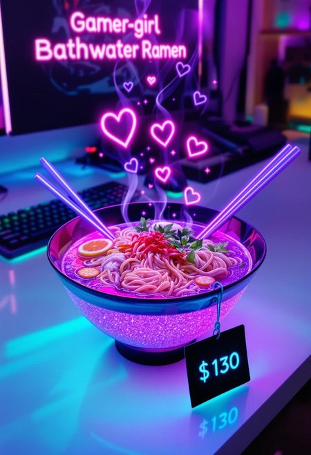 A vividly colored bowl of ramen sits on a sleek, modern countertop, its broth glowing in sparkling pink and lavender hues. The bowl is filled with luminous noodles, star-shaped vegetables, and whimsical, heart-shaped steam rising into the air. Bright neon chopsticks, glowing in alternating pink and purple, rest diagonally across the bowl. At the very top of the image, large, bold neon pink text prominently reads 'Gamergirl Bathwater Ramen' with a glowing effect to make it stand out. A sleek black price tag displaying '$130' in a futuristic, glowing font is positioned clearly near the base of the bowl. The background features a pastel-themed gaming setup with RGB lighting, blending seamlessly into the quirky, surreal scene