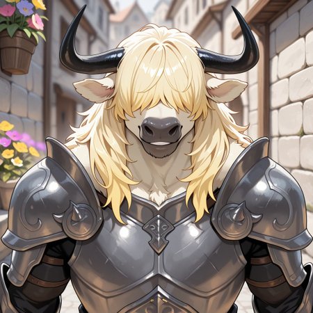 masterpiece, best quality, amazing quality, very aesthetic, solo, 
minotaur, furry,
1 boy, male focus, pale yellow skin, pale yellow hair, hair over eyes, black horns, armor,
(looking at viewer:1.2), smiling,
street, stone wall, flower pots, fantasy background, blurred background,