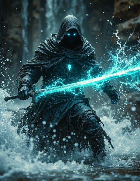 highly detailed magical cinematic scene, Dark, tattered and torn hooded figure with long cape wielding glowing colossal and long blue sword amidst cascading water.  two glowing magical eyes visible through his hood. Powerful, dynamic pose engaging in a dramatic action scene.  Figure shrouded in deep, nearly black, tattered cloak, exuding a mysterious and intense mood.  The sword, vibrant turquoise, bursts with ethereal energy, radiating light through the water.  Water splashes and sprays dramatically around the figure, creating a forceful and evocative mist-filled background.  Mid-action portrayal; colossal sword held in motion with implied movement.  Dramatic lighting highlights the figure and sword, emphasizing their presence and power.  Water's texture suggests forceful motion, contrasted with smooth dark surface of figure's clothing.  Epic fantasy style, evocative of cinematic action sequences.   Atmospheric and heroic feeling enhanced by the dark and dramatic lighting and water features; a strong sense of adventure and danger pervades the image, shallow depth of field, vignette, highly detailed, bokeh, moody, epic, gorgeous, film grain, grainy, HKMagic, <lora:Dever_Flux_Enhancer:0.3>, <lora:FantasyWizardWitchesFluxV2-000001:0.7>, <lora:aura_v2_beta2:0.3>, <lora:Elden_Ring_-_Yoshitaka_Amano:0.4>