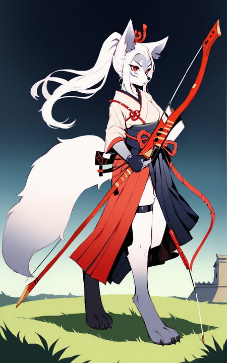 score_9, score_8_up, score_7_up,((best quality)), absurdres,((full body)),  <lora:3d-2d:0.8>,  <lora:HakuroPXL:0.8>,HakuroPXL,bow \(weapon\),holding bow \(weapon\), furry,furry female, animal ears, tail, body fur, quiver, hakama, long hair, fox girl,fox tail, fox ears, japanese clothes, animal feet,animal nose, red eyes,  hakama skirt, white hair, gloves, skirt, side slit, ponytail, white fur,muneate,partially fingerless gloves, claws, thigh strap, archery, black hakama,temple,grass field,standing