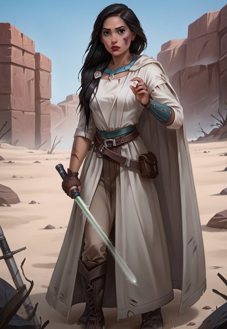 safe_pos, ((zPDXL3)), OZRN, digital art, score_9,score_8_up,score_7_up,score_6_up, face focus, waist-up portrait, absurdres, masterpiece, high res, detailed, 
1girl, solo, (((DisneyPocahontas, 1girl, black hair, black eyes, long hair, dark skin))), (d4rkr3v4n4rm0r, white robe, cape, hood down, breastplate, gauntlets, belt, pants, belt boots), (holding lightsaber, green lightsaber), calm expression, makeup, beautiful woman, action pose,
BattleDamage, cuts, bruises,
in danger, distressed, alarmed, (combat stance), 
dramatic, danger, dutch angle, dof, sand desert background, perfect, Hand, detailed, perfection, hands, 
<lora:bastilashan:1> <lora:Battle_Damage:0.3> <lora:hand 4:0.5>