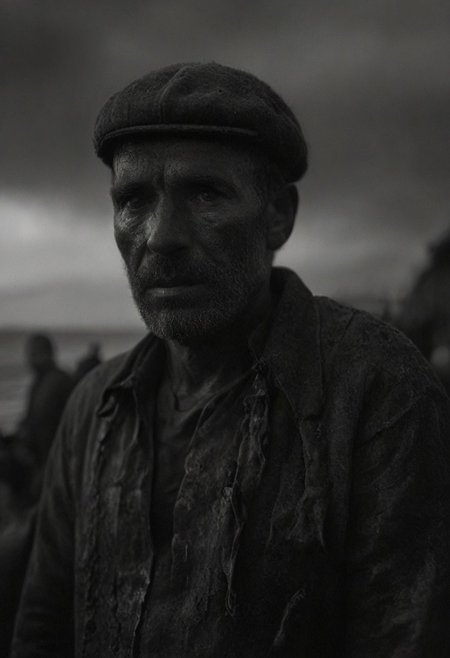(by Dorothea Lange art style:1.2), FRESHIDEAS Real Photography 2#, chiaroscuro,  low-key, great lighting, Weathered 17th-century retired sailor’s face, reminiscent of Rembrandt’s subjects, with a rugged, leathery complexion, deep-set eyes, and a strong, angular jawline, etched with hints of a thousand tales and the weight of memories. His face displays the lines of age, set against a backdrop of muted, earthy tones. Dramatic shadows cast an air of nostalgia, while the warm, golden hues of the fading dusk light spill across his face, resembling the soft, diffused glow of a setting sun. In the distance, a faint view of his old whaling ship with sails unfurled, other sailors busy at work, hauling in the day’s catch. The horizon glows warmly as the sun sets, casting an evocative, golden hue over the scene. His eyes gaze into the distance, recalling the adventures of a bygone era