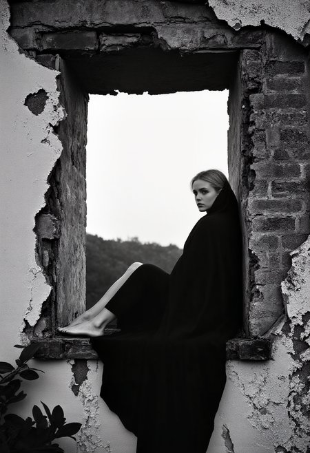 Black and white portrait of a young woman seated in a window opening of a decaying wall.  Woman, perfect body, Caucasian, 20s,  possessing a pensive, introspective expression, medium-sized teardrop-shaped breasts, leaning her back against the inside of the frame.  She wears only a long, that covers the woman completely, draped, black cloak-like garment, flowing over her perfect body and moves dynamically in the strong wind.  Barefoot, her posture is relaxed and contemplative, yet suggests a sense of vulnerability.  Her eyes gaze softly into the distance, to the right.  The broken window frame, with its worn stone and mortar, creates a melancholic and aged atmosphere.  The environment is a decaying structure,  with a weathered, rough brick and concrete wall.  Foliage and out-of-focus background suggest a quiet natural setting.  Composition is centered, with the woman positioned within a framed view.  Low key lighting emphasizes the subject, creating a moody, dramatic feel, strong contrast.  Texture is rough and detailed on the wall.  Classic black and white style.  The image evokes a sense of mystery and solitude, captured in a timeless moment.  Elegant, yet melancholic.
