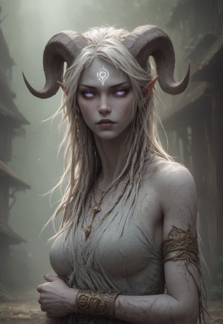 (absurdres, best quality, masterpiece:1.4), score_9, score_8_up, score_7_up, score_6_up, detailed, detailed body, detailed face, world of warcraft, fantasy, <lora:add-detail-xl:1.5>,
fFaceDetail, (female, draenei, h0rns, ram horns, white horns, tall, athletic arms, pale white skin, long white hair, purple eyes, no pupils, no sclera, long white tail, long fingers, purple fingernail polish), 
(long loose white dress, white silk scarf, tail under dress, simple armlet, small yellow gem pendant, small yellow gem earrings),
upper body, front view, looking at viewer, 
depth of field, outdoors, (fantasy faire, wooden village), (crowds in background, fantasy clothing, human, varied clothing)