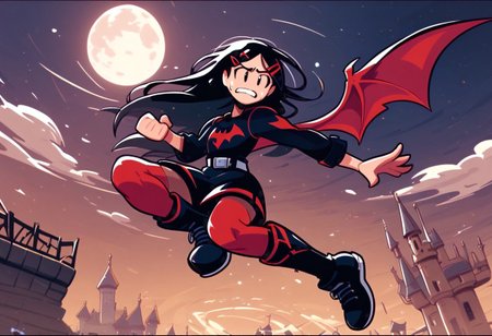 score_9, score_8_up, score_7_up, score_6_up, score_5_up, score_4_up, prngs,
BREAK,
Sickle_20s, black tunic, bat logo, belt, red stockings, black shoes, long hair, black hair, hair clip, (wings), no sclera, (flying), nervous, wide eyes, teeth, sweat, 
BREAK,
clouds, night, glowing moon, stars, castle, village