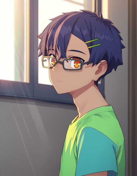 score_9, score_8_up, score_7_up, score_6_up, indoors, window, sunlight, from side, 1boy, solo, yomogi_asanaka, blue hair, orange eyes, short hair, bangs, hair between eyes, hairclip, glasses, green t-shirt, looking at viewer <lora:rukiruki_AMXL_v1e-ShoAI:1> <lora:yomogi_asanaka_pony:1>
