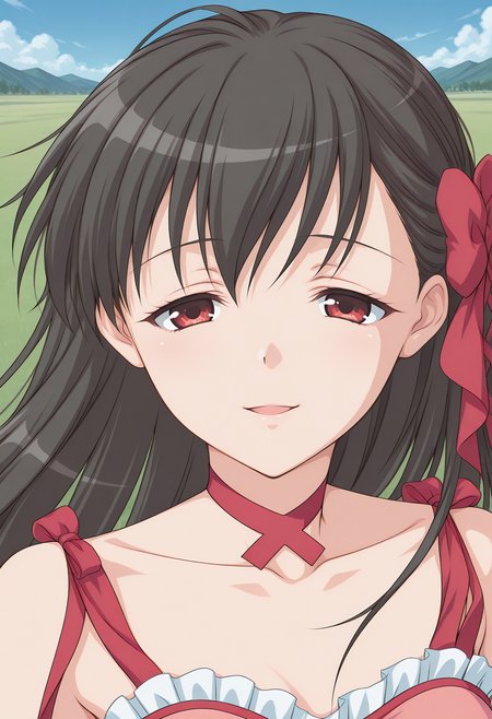 hiraishi_nagisa, red eyes, black hair, long hair, hair bow, hair ribbon, ribbon, choker, frills, pink dress, wrestling outfit,, <lora:shiraishi_nagisa_illustrious_ver1:0.8> 
smile,, masterpiece, best quality, sensitive,, 1girl, solo, blue sky, (grasslands:1.2), looking at viewer,, (upper body:1.2), (close-up:1.2), (facing viewer:1.2), (open eyes:1.4), (portrait:1.2)