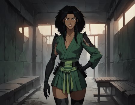 score_9, score_8_up, score_7_up, face focus, extreme closeup, detailed face, 1girl, woman, a mature female, (tall slim athletic female:1.3), skinny, dark-skinned female, black hair, (Standing with one hand over the heart), 
gloves, thighhighs, japanese clothes, black gloves, black thighhighs, green kimono, bodysuit, belt,
(abandoned warehouse, industrial),
ch3shire,
 <lora:ch3shire:1>,
 <lora:Blacklight_XL:0.5> blacklight,
 <lora:- SDXL - vanta-black_contrast_V3.0:0.5>,
 <lora:Concept Art DarkSide Style LoRA_Pony XL v6:0.5>, low light,