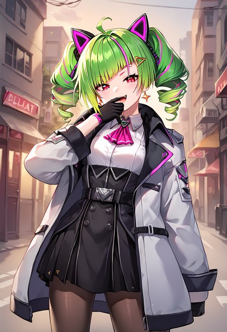 delutaya, green hair, twintails, long hair, red eyes, virtual youtuber, earrings, jewelry, pantyhose, drill hair, ahoge, sleeveless, gloves, shirt, multicolored hair, twin drills, delutaya costume new, ascot, cat headphone, fake car ears, asymmetrical bangs, diagonal bangs, white hacket, open jacket, oversized jacket, jacket over shoulder BREAK outdoors,city street, night BREAK sexy pose, looking at viewer, sexy face, cowboy shot, dynamic pose, hand near mouth, smug face, open mouth BREAK score_9, score_8_up, score_7_up, source_anime ,zPDXL, perfect hand,  <lora:Delutaya:0.8>
