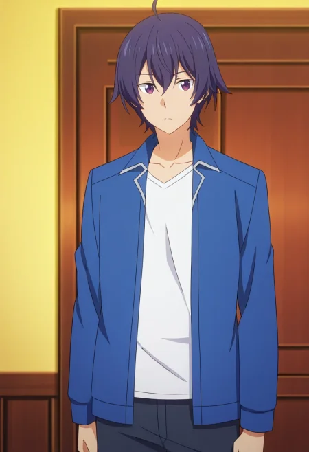 masterpiece, best quality, anime screencap, official style, anime coloring, cowboy shot, 1boy, solo, male focus, <lora:shin_wolford_ilxl:0.92>, shin_wolford, purple hair, purple eyes, short hair, ahoge, hair between eyes, ,