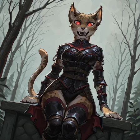 masterpiece, best quality, amazing quality,  MirriMTG, 1girl, solo, furry female, furry, body fur, cat, feline, expanding breasts sequence, leather armor, tail, vampire, glowing eyes, whiskers, animal ears, outdoors, expanding hips, bigger butt, fangs, teeth, claws, thigh gap, sitting, dutch angle <lora:Mirri_Cat_Warrior_Magic_the_Gathering:1>