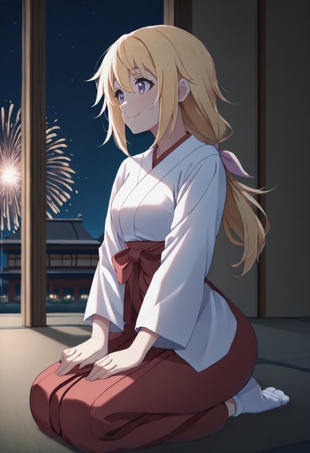 anime, masterpiece, best quality, full body, solo, 1girl, charl0ttedun0is, smile, looking away, seiza, hands on own thighs, low ponytail, hair ribbon, japanese clothes, white kimono, red hakama, white socks, tatami, night, east asian architecture, star \(sky\), fireworks, sidelighting
<segment:yolo-Anzhc Face seg 640 v2 y8n.pt,0.4,0.5//cid=1>