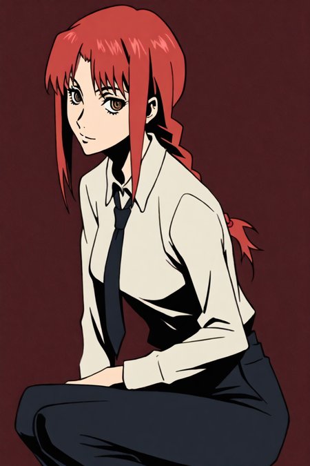 <lora:mak1ma0XL_Pony_v1:0.6> , mak1ma0, makima, red hair, long hair, ringed eyes, braid, white collared shirt,black necktie, black pants, 1girl, solo, alone, <lora:samurai_champloo_opening_style_illustriousXL:0.6>, samurai_champloo_op_style, masterpiece, highres