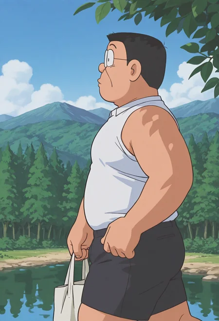 1boy, white shirt, sleeveless, black shorts, summer, forest, walking, lake, from side, cowboy shot, dappled sunlight, leaf, thick arms, holding bag, mountain, blue sky, cloudy sky, looking to the side,
BREAK
senseiofnobita, mature male, glasses, black hair, short hair, black eyes, dot pupils, plump, retro artstyle, 1990s \(style\),
BREAK
best quality, masterpiece, very aesthetic, absurdres, highest detailed, very awa, <lora:Sensei_from_late_Doraemon_oyama_edition_v1.0:1>