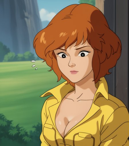score_9, score_8_up, score_7_up,  
apriloneil, yellow jumpsuit, face focus, blurry background, outdoors, day, breasts, cleavage, collarbone, flying sweatdrops, retro_artstyle, cartoon, source_cartoon, lowres, 1990s_(style), <lora:April_ONeil:1>
