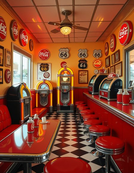 A classic 1950s American diner with a nostalgic retro atmosphere. The interior features red and white leather booth seating, chrome-trimmed tables, and a long counter with matching red barstools. A vintage jukebox with colorful neon lights stands against the wall, ready to play rock 'n' roll hits. The checkered black-and-white floor contrasts with pastel-colored walls adorned with Coca-Cola signs, Route 66 memorabilia, and classic diner menus. A row of shiny chrome napkin dispensers and glass salt and pepper shakers sit neatly on the tables. A milkshake machine and an old-fashioned soda fountain rest behind the counter, next to a vintage cash register. Large windows let in soft daylight, reflecting off the gleaming surfaces, creating a warm and inviting retro ambiance.
<lora:SDXLFaeTastic2400:0.4> <lora:extremely_detailed:0.4> extremely detailed,1950s American d1n3r, <lora:1950s_American_d1n3r-i:1>, Masterpiece,best quality,hi res,8k,hi res,8k,award winning,(sharp focus, intricate, highly detailed),