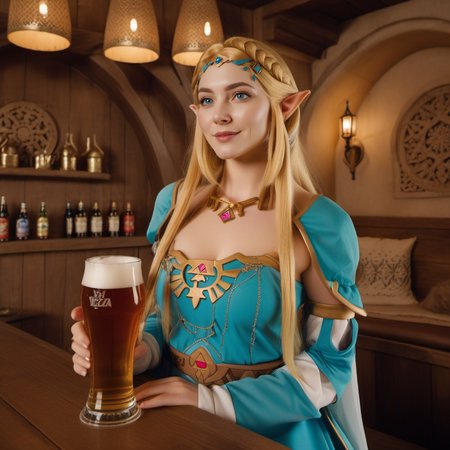 cinematic photo princesse zelda,  pointy ears, blue eyes, long blond hair, detached sleeves,dress, navel, having a beer in a pub  <lora:Zelda1024:0.8> . 35mm photograph, film, bokeh, professional, 4k, highly detailed
