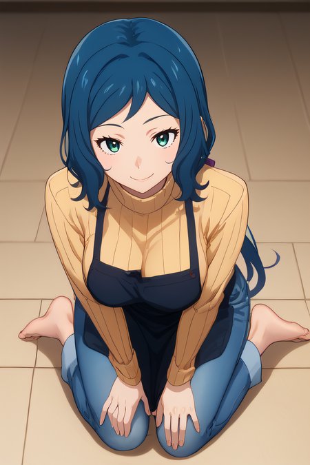 score_9, score_8_up, score_7_up, source_anime, rating_safe, intricate details, anime screencap, official style, <lora:iori-rinko-ponyxl-lora-nochekaiser:1>, iori rinko, blue hair, blue eyes, sidelocks, apron, denim, jeans, long hair, pants, ribbed sweater, sweater, turtleneck, kneeling, full body, smile, hands on knees, fronal view, from above, (five fingers:1.2), naughty face, large breasts, barefeet, looking at viewer, <lora:A_Vivid_PonyDif:1>, vividpony, indoor