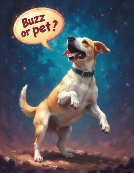 <lora:Fantastic:1>
a fantastic painting, dynamic of a dog playing  saying on a speech bubble "Buzz or pet"