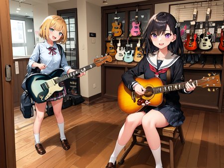 masterpiece, best quality, ultra-detailed, illustration,
(2girls:1.4), school uniform,  school bag,  smile ,
guitarshop, guitar, instrument, electric guitar, bass guitar, amplifier, gibson les paul, drum, acoustic guitar, speaker, wooden floor, indoors, 
 <lora:guitarshop:0.8>