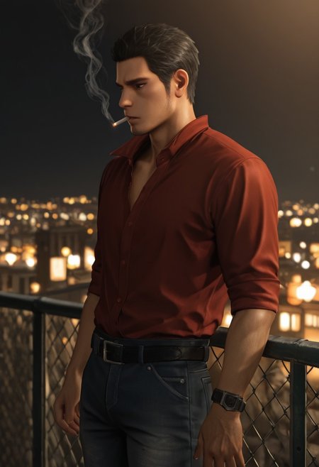 masterpiece, best quality, amazing quality, absurdres, newest, blurry background, definition so sharp, Ultra-HD, 8K cinematic, very awa, impressionate, amazing quality, highres, realistic, 
solo, male focus, manly, night, city light, rooftop, 
kiryuchan, kiryuchan_black hair, kiryuchan_black eyes, 1boy, solo, male focus, short hair, facial hair, sideburns, red collared shirt, partially unbuttoned, black belt, jeans, smoking, smoke, against fence, standing, looking far away
