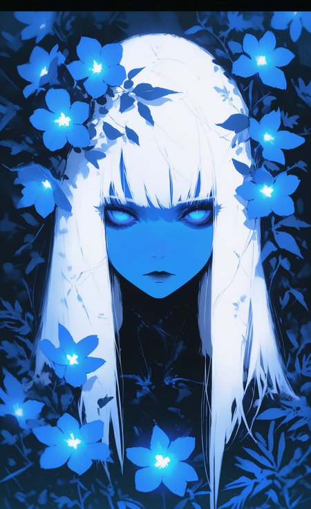 masterpiece, best quality, amazing quality, highres, 1girl, solo, long hair, looking at viewer, blue eyes, closed mouth, upper body, white hair, flower, colored skin, expressionless, leaf, plant, letterboxed, blue flower, blue theme, GTHAN, glowing, xxx667_illu, <lora:illustriousXL_stabilizer_v1.23:0.3> <lora:NOOB_vp1_detailer_by_volnovik_v1:0.3> <lora:ponyv6_noobE11_2_adamW-000017:0.45> <lora:XXX667:0.5> <lora:GTHAN-IL:0.8>