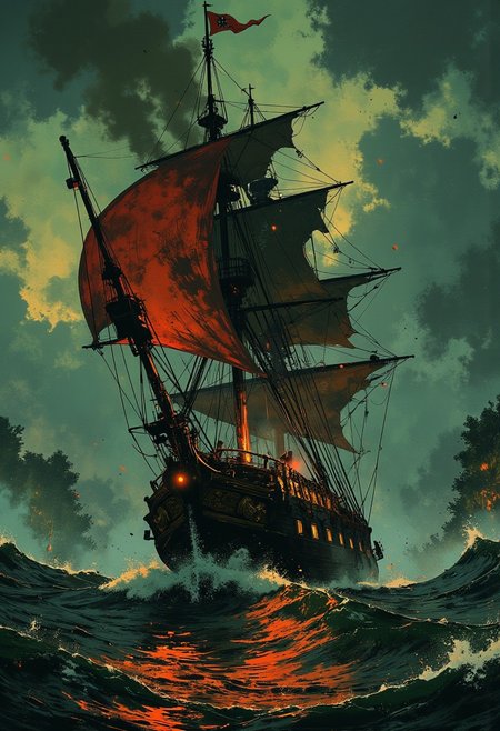 a pirate ship, jolly roger flag, rigging and sails, 
sailing in a tropical storm, high waves, mythp0rt