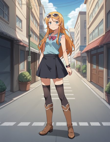 score_9, score_8_up, score_7_up, score_6_up, score_5_up, score_4_up, source_anime, anime screencap, BREAK 1girl, solo, standing, outdoors, street, tokyo, 
<lora:Kousaka_Kirino_Pony:1> kousaka_kirino, orange hair, long hair, blue eyes, hairclip, kirino_out, blue top, sleeveless, sunglasses, eyewear on head, earrings, black skirt, black thighhighs, frills, brown boots, knee boots, zettai ryouiki,