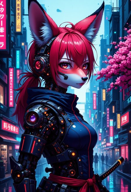 An anthropomorphic fox with crimson fur, a scar across their muzzle, and glowing blue cybernetic implants along their jawline and ears. They wear a sleek, high-tech kimono with glowing circuitry patterns, their hand resting on the hilt of a glowing katana. Their glowing cybernetic eye scans the environment, exuding an air of danger and precision. The background is a cyberpunk street filled with holographic cherry blossoms, towering skyscrapers, and flickering neon signs written in kanji. Rain falls softly, adding a reflective sheen to the fox's armor and the streets below. The portrait captures the blend of traditional samurai aesthetics with futuristic cyberpunk elements.