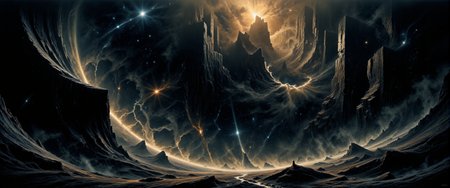when the master shakes the heavens, 
when the luminaries hide, 
we call upon the absolute, 
tainted skies, 
when the wind repeats the motion, 
and the raging sea abides, 
we gaze upon the shadows, 
in a tainted sky, james webb space telescope, nebula, <lora:james_webb_space_telescope-flux-by_motimalu:0.28> <lora:style-veil_of_darkness-flux-by_donmischo:0.2> <lora:style-dark_landscapes-flux-by_andreac75:0.84> <lora:style-fantastic_landscapes-flux-by_artifyai:0.88> <lora:image_enhancer-flux-by_dever:0.6>