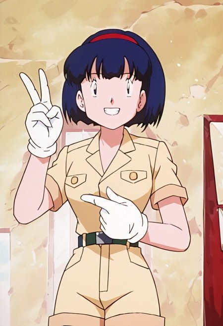 score_9,score_8_up,score_7_up,score_6_up, easynegative, negative_hand, source_anime, retro_artstyle
BREAK, smile, looking at viewer, cowboy shot, upper body, v, victory, indoors, face focus, grin, teeth
PKMNEve, 1girl, blue hair, short hair, red hairband, short hair, bangs, black eyes, yellow shirt, uniform, short sleeves, breast pocket, white gloves, yellow shorts, belt, red footwear,