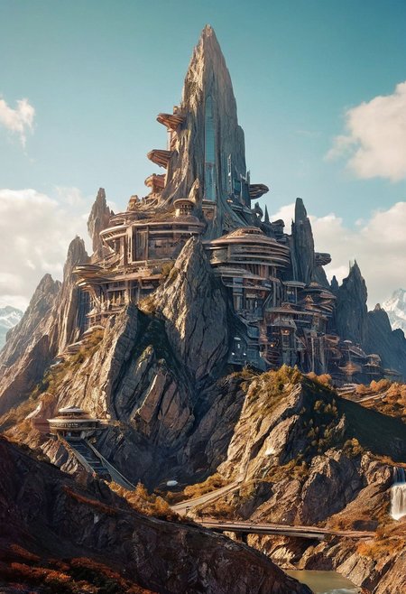 Visualize a futuristic mountain , symbolizing online community in the style of incorporate elements that evoke a sense of building with a large spaceship complex, elegant, expansive, fantastical, film photography style, heavy grain