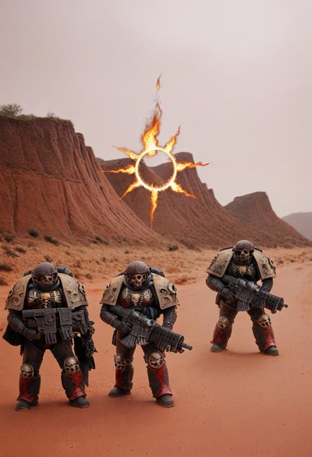photo of damned, wearing full armor, skull, burning, flaming halo, flaming eyes, glowing eyes,  armor, helm details, skull, scorch armor, armor detail, charred metal trimmings, holding gun, rifle, 
battle, army, firing, gun, 
standing by desert storm, sandstorm, dune, dark ambiance,  ((dawn:1.2)), dim sun light,     <lora:tool - add_detail:0.6>  <lora:Legion of the Damned MK1 by CARAXES:0.7>
