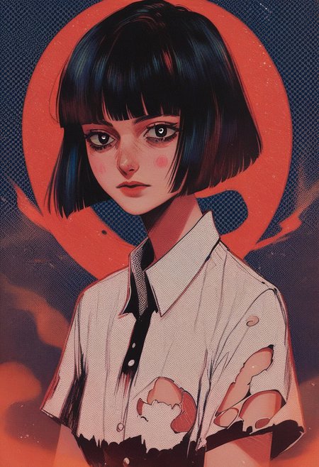 score_9, score_8_up, score_7_up, score_6_up, VitWaterStyle, 1girl, halftone effect, retro artstyle, ghosts, haunted house, short hair, black hair, black eyes, bob cut, bangs, blunt bangs, polo shirt, collared shirt, short sleeves, torn clothes, night, fog, detailed eyes, round eyes, round pupils,
