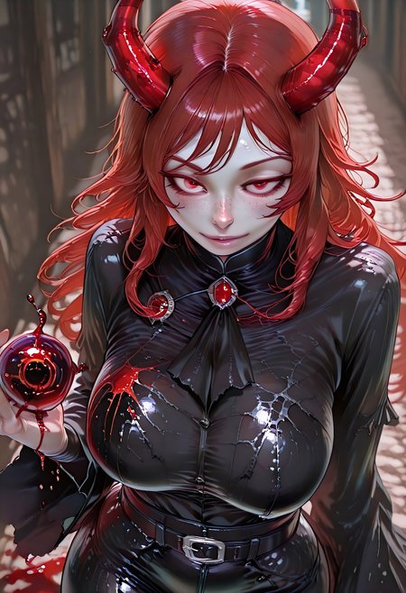 very aesthetic, masterpiece, best quality, highres, absurdres, amazing quality, high resolution, 1girl, solo, medieval background, detailed eyes, perfect eyes, expressive eyes, Expressiveh, vivid colors, realistic lighting, perfect anatomy
Red Eyes, long hair, red hair, pale skin, voluptuous, cellulite, chubby, large breasts, ((uneven eyes)), freckles, lots of freckles, crazy eyes, wide hips
black gloves, sharp fingers, black shirt, button up shirt, button down shirt, black ascot, black frills, buttons, wide sleeve cuffs, black belt, black cuffs, gambeson, black leggings, shiny leather

blurred blood bending horns, liquid horns made of blood stream), blurred fleshy red horns roots,  bending blood in the shape of a (swirling orb:1.3), high angle, close-up on hands,reflective blood textures, intense, mystical atmosphere,