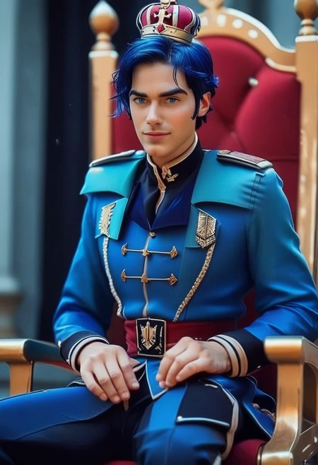 score_9_up, score_8_up, score_7_up, score_6_up, (realistic, photography) dynamic view, 1boy, 1male, solo, BREAK,  
b4pt1st3,, short hair, hair over one eye, bangs, blue hair, blue eyes, 
prince, prince crown, (prince uniform:1.5), (royal uniform:1.5), BREAK, sitting, throne, smiling, charming,