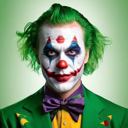 Advertising poster style,  <lora:Advertising:1.5>
A creative photo of  a man dressed as a modern joker with green hair and clown face advertising style, Professional, modern, product-focused, commercial, eye-catching, highly detailed