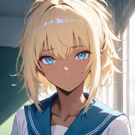 solo,looking at viewer,upper_body,portrait,masterpiece,high score,great score,absurdres,school uniform,<lora:Furyou1_kisaku ag4o v1:1> furyoushoujo1, dark skin, blonde hair, blue eyes,