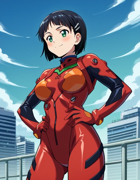 score_9, score_8_up, score_7_up, source_anime, suguhakirigaya, <lora:suguha-kirigaya-s1-ponyxl-lora-nochekaiser:1>, suguha kirigaya, short hair, black hair, hair ornament, hairclip, green eyes, large breasts,, <lora:souryuu-asuka-langley-cosplay-ponyxl-lora-nochekaiser:1>, souryuuasukalangleycosplay, souryuu asuka langley \(cosplay\), bodysuit, pilot suit, plugsuit, red bodysuit, interface headset,, cityscape, smile, blush, hands on hips,, cowboy shot, dutch angle,