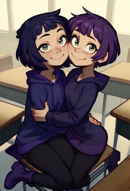 score_9, score_8_up, score_7_up, score_6_up, score_5_up, score_4_up, 2 girls in image, sitting on desks, smiling, looking at viewer, arms around each other, friends, 
BREAK, 
1 girl, square head, green eyes, squinch, round eyes, long hair, dark blue hair, dark blue dress sweater, black leggings, small black boots, 
BREAK
1 girl, short hair, purple hair, long eyelashes, purple hoodie, purple skirt, purple shoes, , hood up
