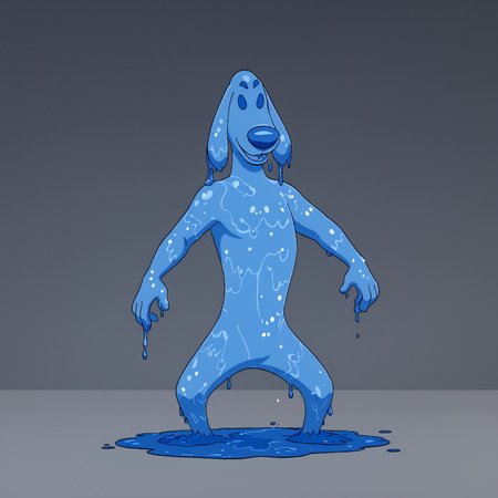simple background, Liquidator, no humans, solo, 1 boy, liquid body, blue skin, see-through body, dark blue eyes, water body, bubbles in body, water dog, dog, furry, water elemental, solid blue eyes, translucent skin, puddle feet, full body
