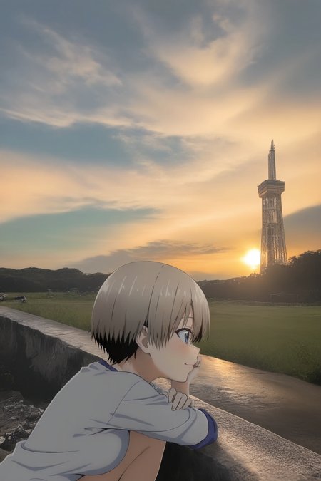1girl, uzaki hana, uzaki-chan wa asobitai!, side view, evening, outdoors, head on knee, photo background, realistic background, masterpiece, best quality, good quality, newest, very aesthetic, absurdres